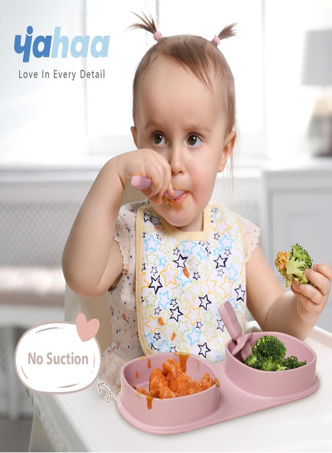 yahaa Silicone Foldable Novelty Dinner Plates,Baby Plates Travel Essential with Forks and Spoons,Microwave & Dishwasher Safe,Matte Pink - Image 2